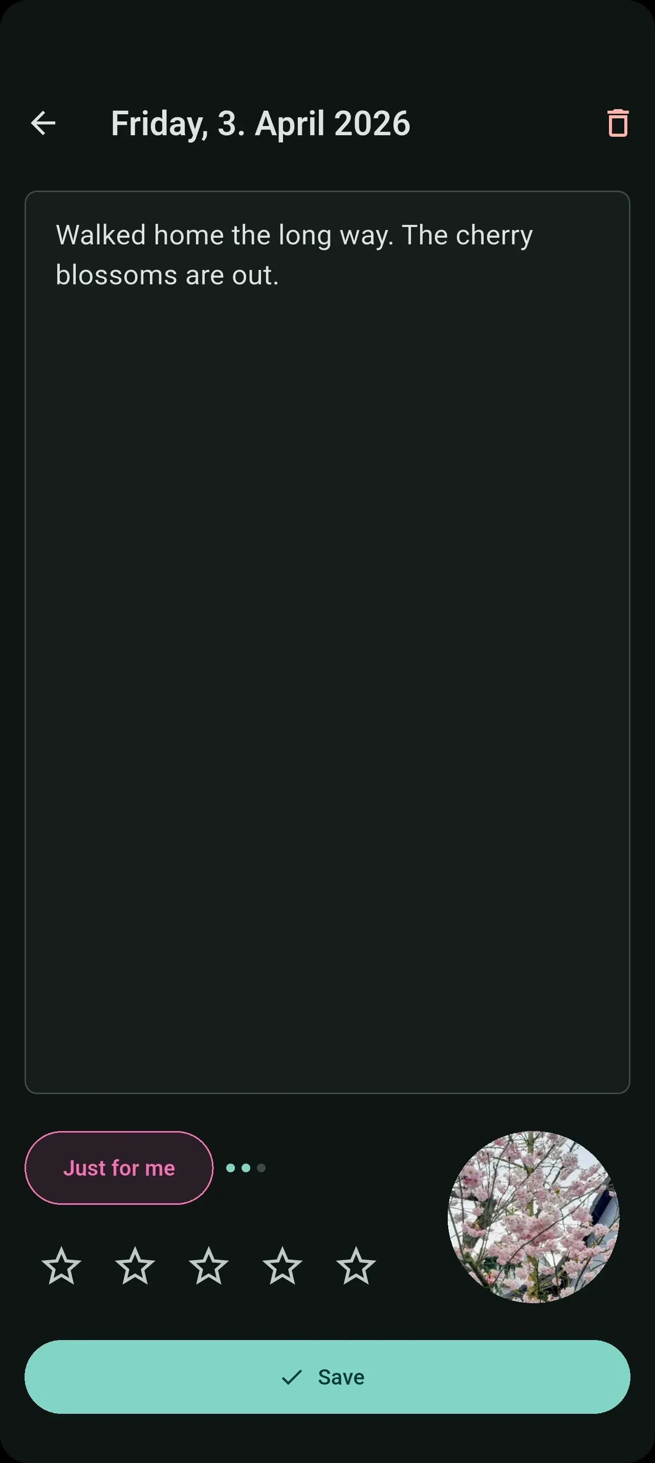 SimpleDot entry screen — writing a journal entry with a photo and star rating