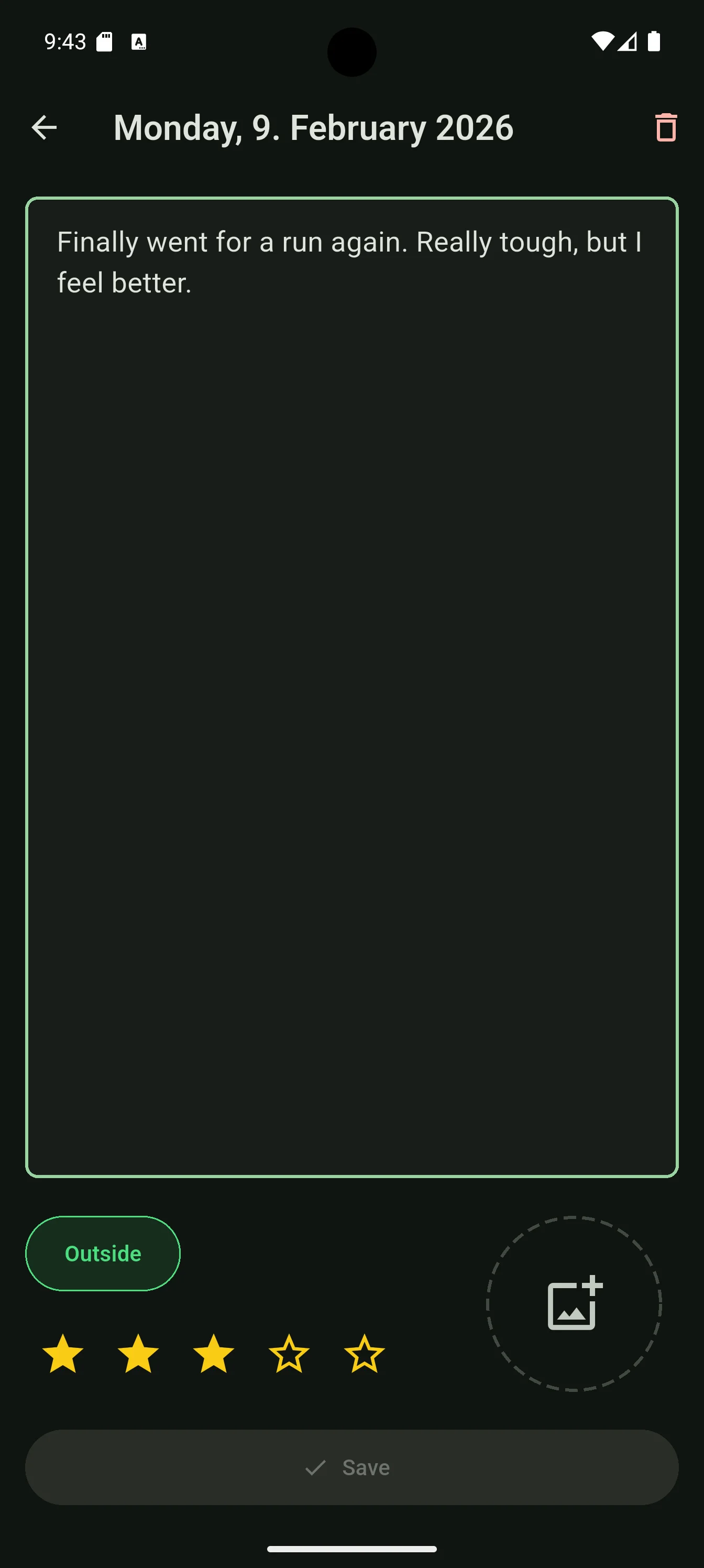 SimpleDot entry screen — writing a journal entry with a photo and star rating