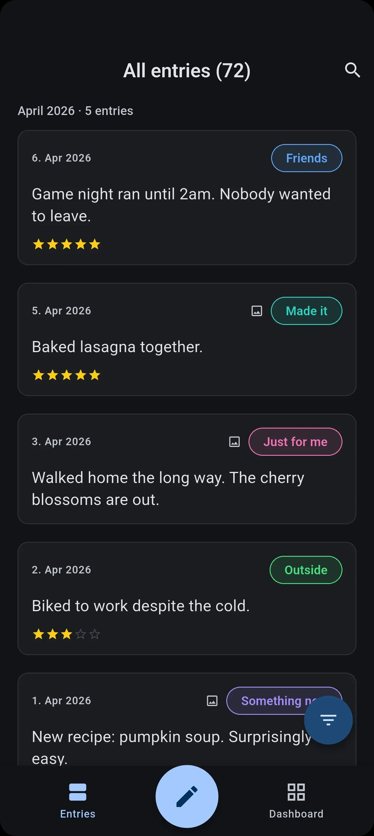 SimpleDot entry list — all journal entries with search and filter options